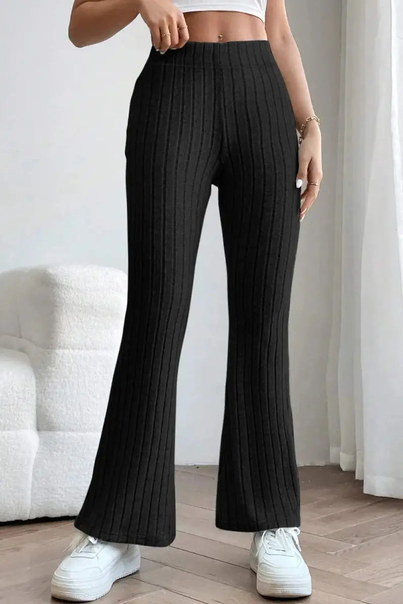Basic Bae Full Size Ribbed High Waist Flare Pants for Women - Love Salve